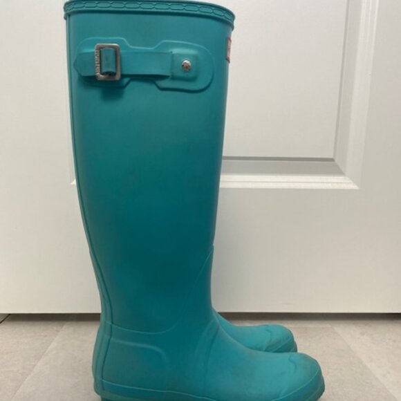HUNTER Original Tall Turquoise Blue Rain Boots AND Socks Sz 7 Wellies - Picture 6 of 15
